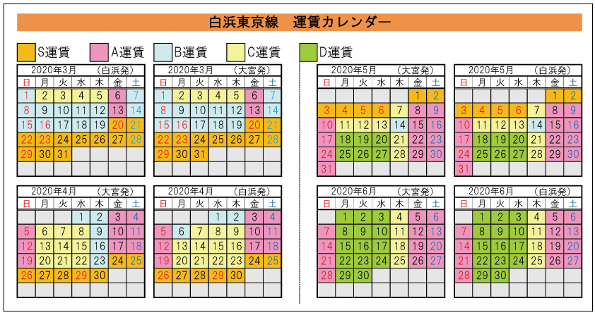 白浜東京線 運賃カレンダー